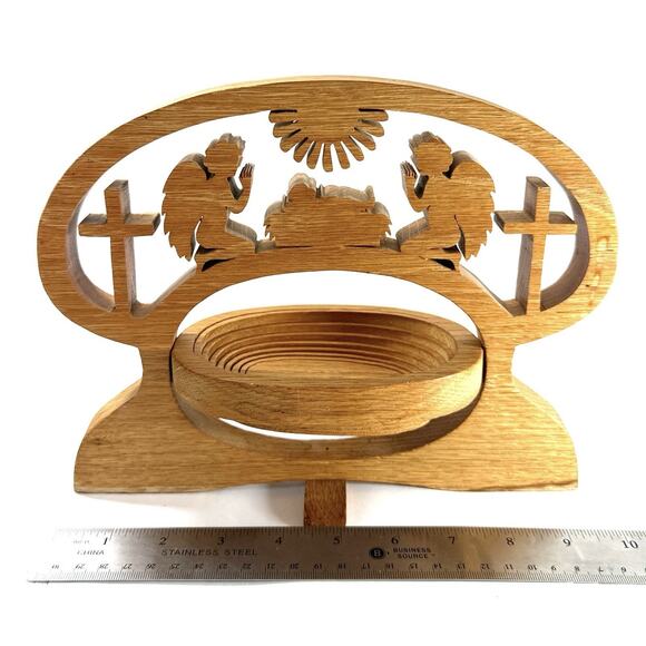 Nativity Scene Wood Collapsible Basket Jesus Angels Cross Christmas Decor 10” - Picture 5 of 7